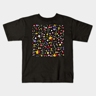 Rainbow Ditsy Flower Pattern Over Black Kids T-Shirt